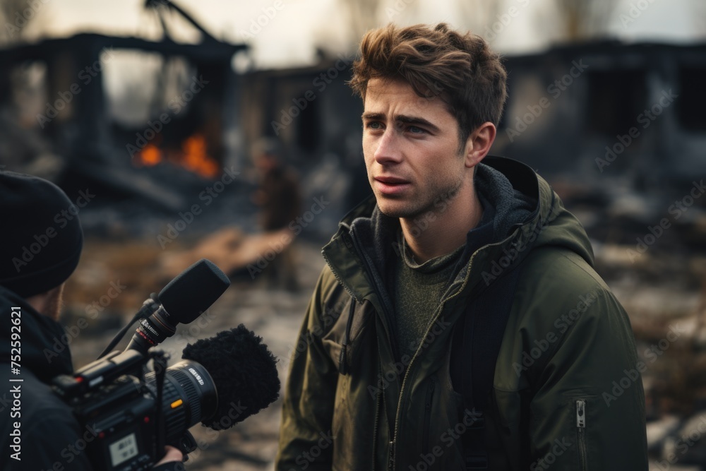 Fototapeta premium A journalist with a microphone, exploring stories, conducting interviews, and amplifying diverse perspectives through the power of audio storytelling in the dynamic world of media.