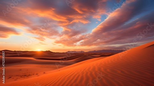 Panoramic view of sand dunes in the desert at sunset