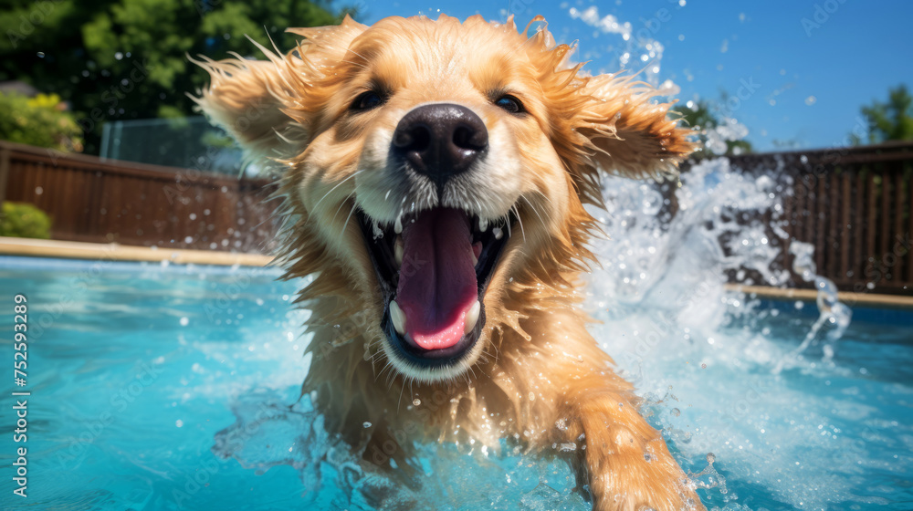 The essence of summer fun and energy of puppy golden retriever, who joyfully splashes in a pool. The water droplets hang mid-air, showcasing the dog’s exuberance and the dynamic movement of water.