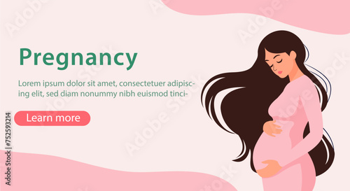 A pregnant woman in a dress holds her belly. Happy, healthy pregnancy and motherhood. Happy Mother's Day. Flat vector illustration. Pregnancy banner.