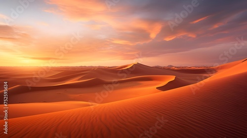 Beautiful panoramic view of sand dunes in the desert at sunset
