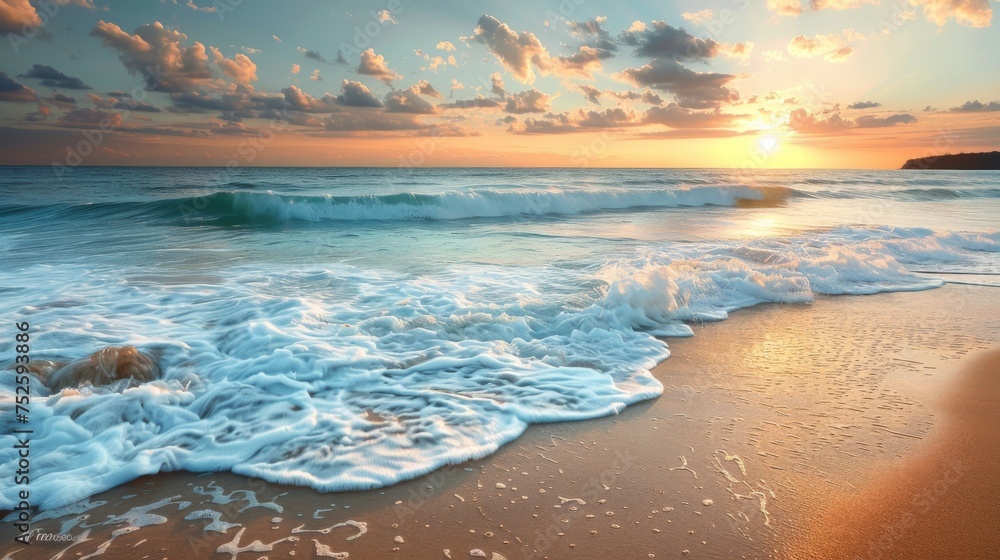 Picturesque beach scene captured at sunrise with golden light reflecting on the ocean waves and serene sandy shore.