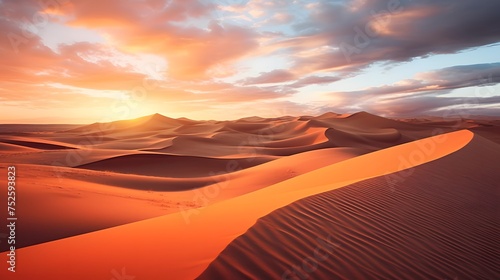 Desert sunset panorama with sand dunes. 3d rendering