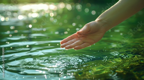 A hand touching the surface of pure green water of the river in nature on a sunny day  symbolic and ecological gesture for conservation of natural resources and preservation of the environment