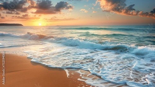 A tranquil and picturesque beach scene at sunrise, capturing the soft glow of the sun over gentle waves and pristine sands.