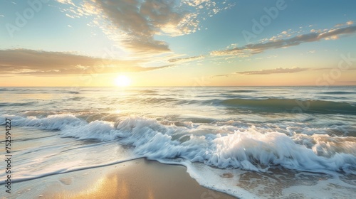 A tranquil sunrise over a picturesque beach with soft waves breaking gently on the shore, under a sky with light clouds.