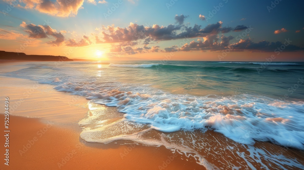 A serene sunrise at a tranquil beach, with waves gently caressing the sandy shore under a colorful, cloud-studded sky.