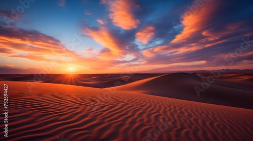 Panoramic view of sunset over sand dunes in the Sahara desert