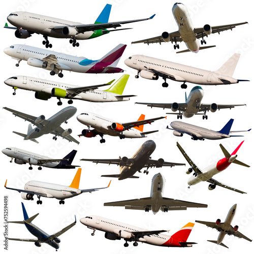 Collage of various passenger airplanes flying isolated on white. Civil aviation concept