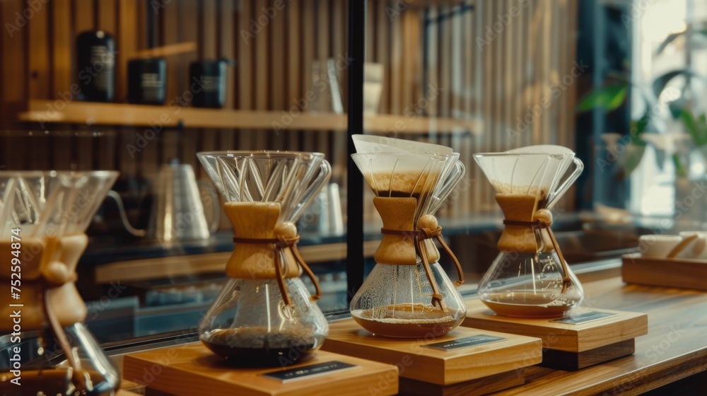 A warm coffee shop setting showcasing a pour-over brewing method with glass equipment and wooden accents.