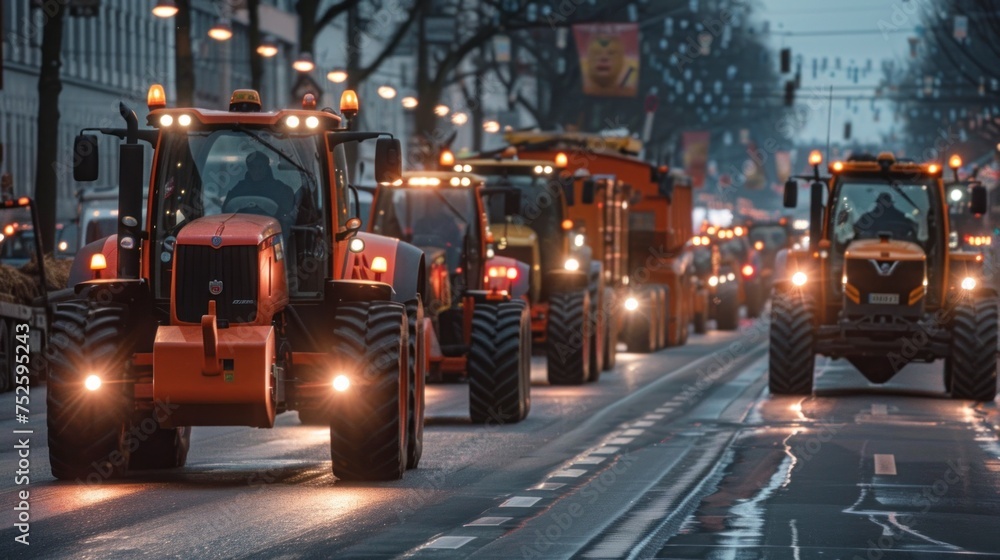 group of tractors on a public road in motion - obrazy, fototapety, plakaty 