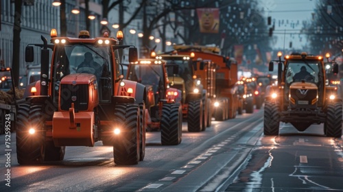 group of tractors on a public road in motion