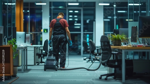 A diligent professional cleaner vacuuming a dark carpet within the bright office environment, ensuring cleanliness and hygiene in workspace.