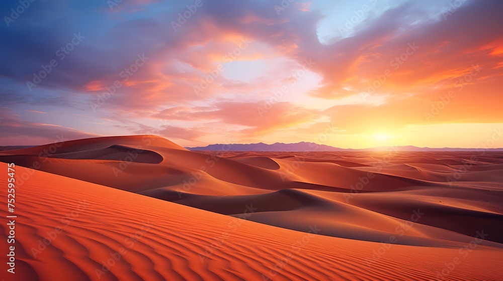 Desert sand dunes at sunset panoramic view. Natural landscape.