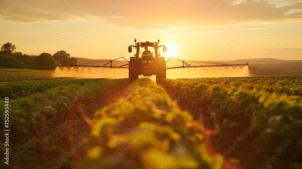 Fototapeta premium a tractor is spraying crops in a field at sunset or dawn with the sun shining on the horizon behind it