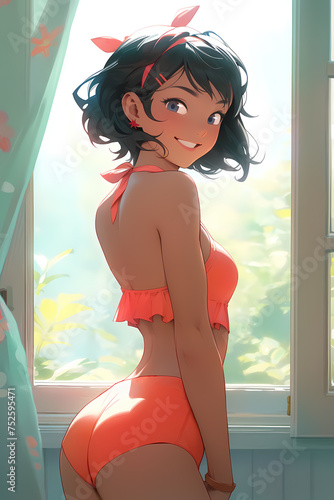 An alluring image featuring a woman posing at her window, casting an inviting sideways glance over her shoulder. She showcases her new red vintage-style bikini. Created with generative A.I. technology