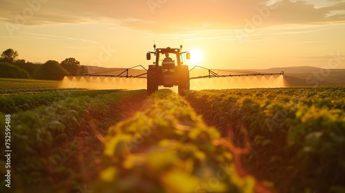 a tractor is spraying crops in a field at sunset or dawn with the sun shining on the horizon behind it