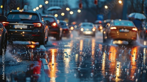City street scene of traffic congestion on a rainy evening with reflections of car lights on the wet road surface. © Victoriia