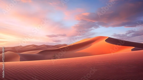 Panorama of sand dunes in the desert at sunset. 3d render