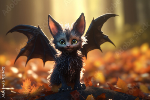 Cute dragoncat, a hybrid of cat and dragon, photorealistic monster mutant on blurred forest background
