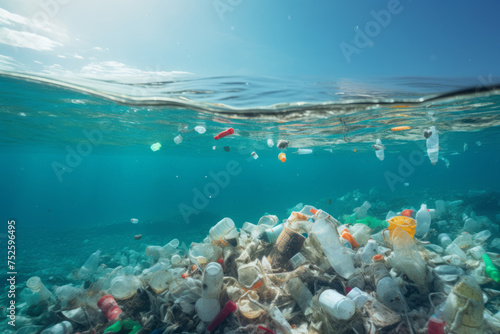 A lot of plastic garbage on the ocean or sea. Nature pollution concept © hdesert