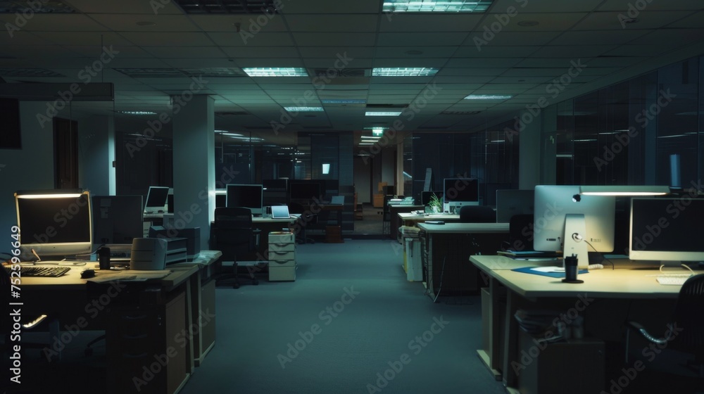 Nighttime view of an unoccupied office with modern computers, desks, and office chairs under artificial lighting.
