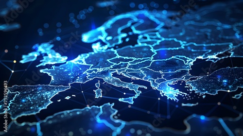 Abstract digital map of Western Europe, concept of European global network and connectivity, data transfer and cyber technology, information exchange and telecommunication photo