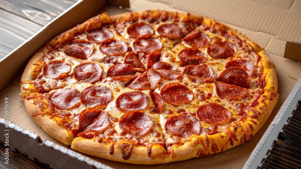 fresh hot pepperoni pizza in a cardboard box