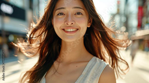 imagen de una vhica delgada asiática con cabello liso y negro bastante largo sonriendo a la cámara