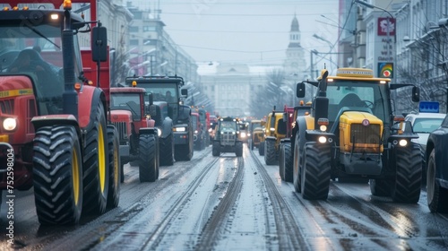 group of tractors running on public roads in the city with rain or snow on a cold day on a dull day in high resolution © Marco