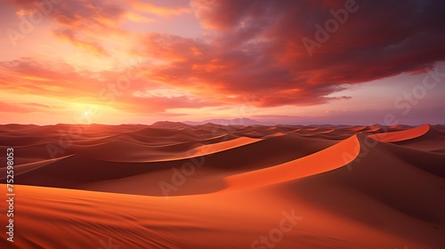 Panoramic view of sand dunes in Sahara desert at sunset