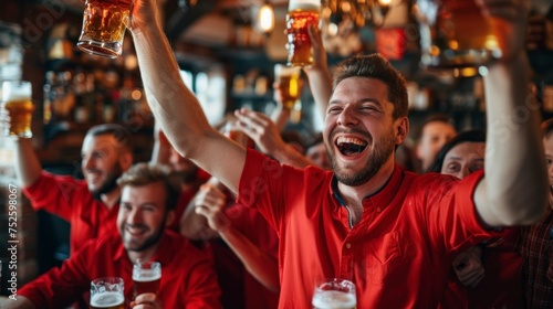 group of men in red shirts in a bar