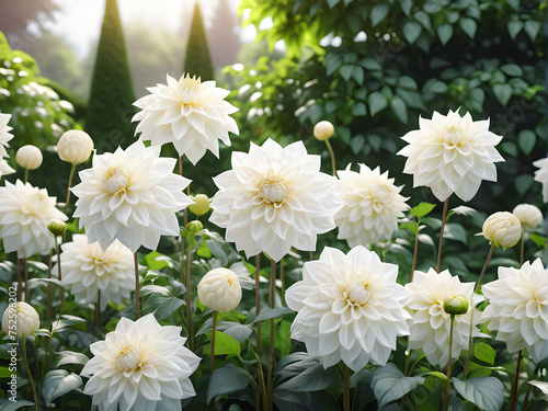 Garden Serenity  White Dahlias Amidst Lush Greenery. generative AI