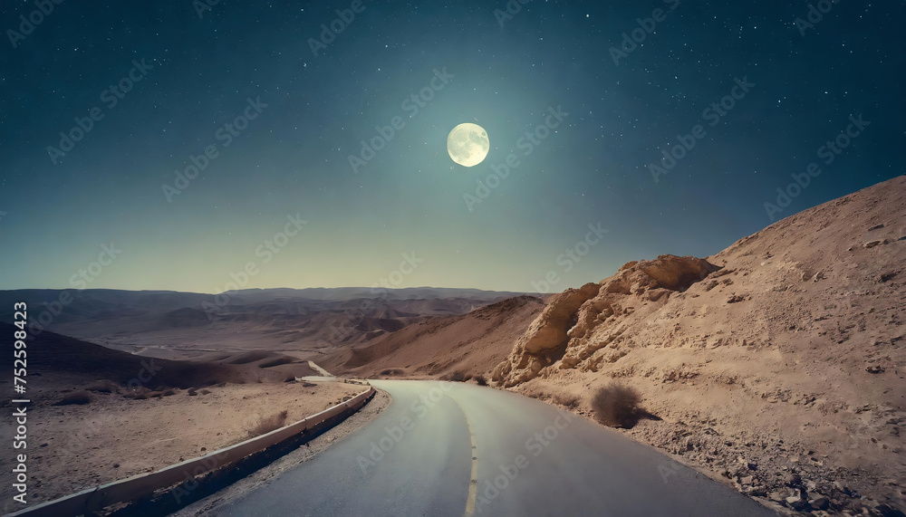 Asphalt highway in the desert with full moon in the evening. Adventure concept with vintage effect. Copy space for your text.