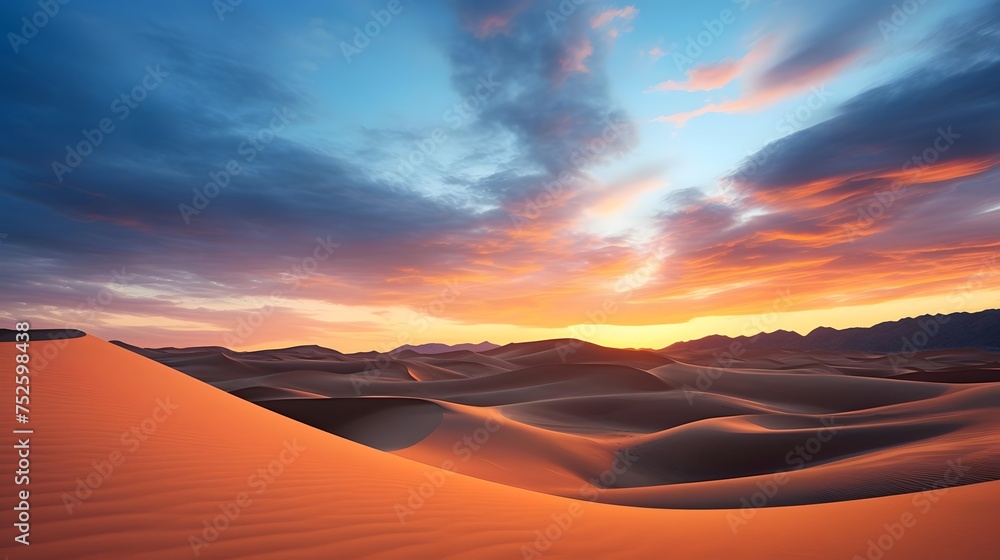 Desert sand dunes at sunset. Panoramic landscape.