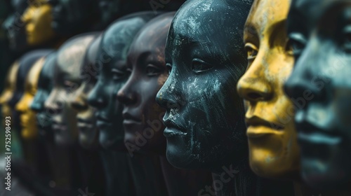 The image shows a series of glossy  stylized human face masks aligned in a row. Each mask has unique detailing and is half black and half gold in color. The masks on the left side fade into the backgr