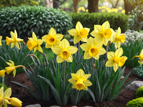 Garden Delight: Yellow Daffodils Amidst Lush Greenery. generative AI