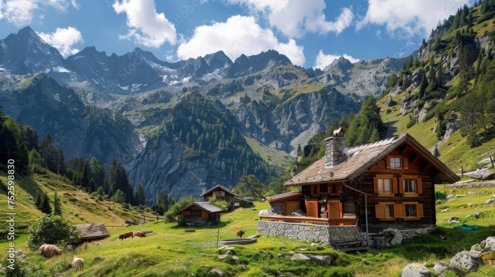 Obraz premium A picturesque Swiss mountain hut surrounded by lush greenery and majestic peaks, offering a tranquil escape in the heart of nature.