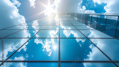 Sky and clouds reflected in a modern building glass