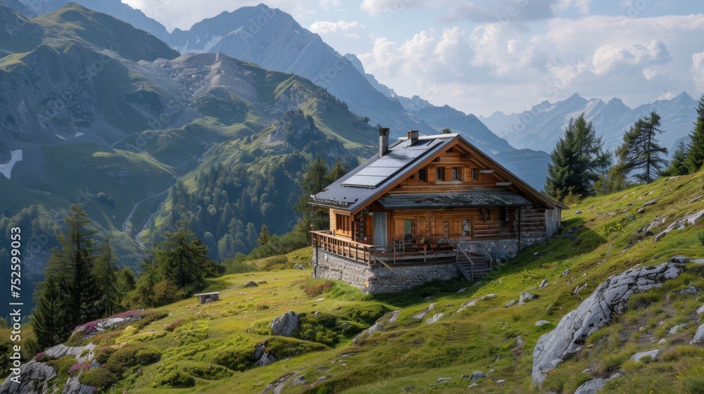 A serene Swiss mountain hut sits nestled amidst lush greenery and imposing peaks, offering a peaceful escape in the heart of the Alps.