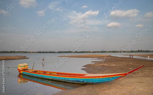 boat on Koh Pen (Koh Paen), nice island located in the middle of Mekong river, just off the shore of provincial town of Kampong Cham, Cambodia