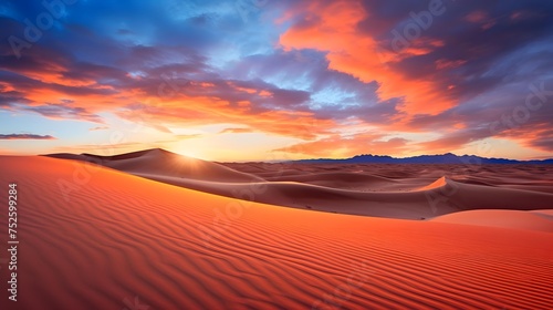 Beautiful panoramic view of sand dunes at sunrise. © A