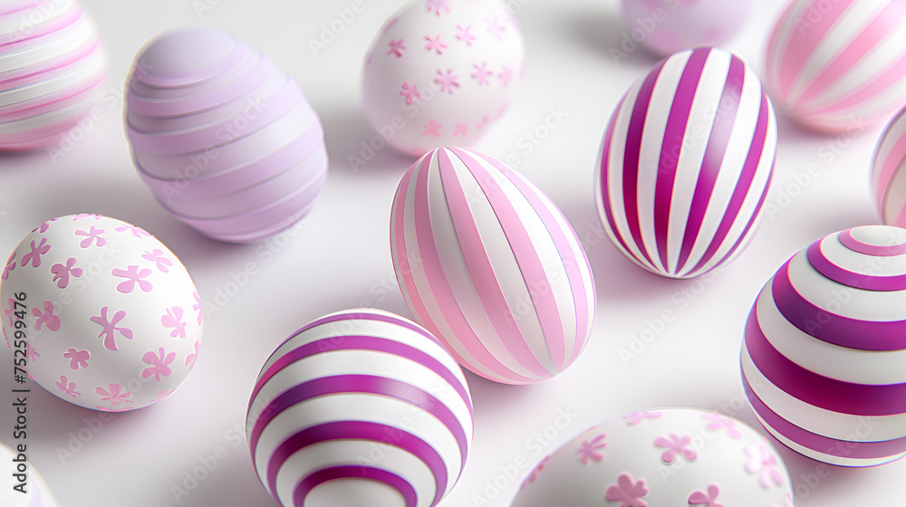 Close-up Easter background with Easter eggs with stripes of pink and magenta colors on a white background with copy spaces. Close-up Easter background with Easter eggs with stripes of pink and magenta colors on a white background with copy spaces.