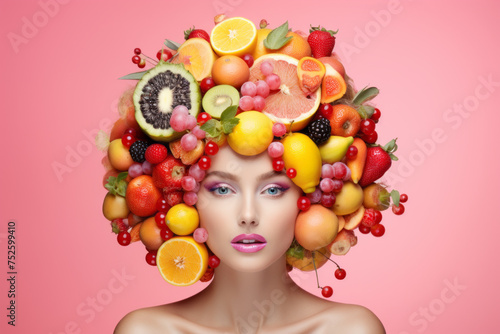 Woman with hair made of many fruits on pink background. Healthy lifestyle concept