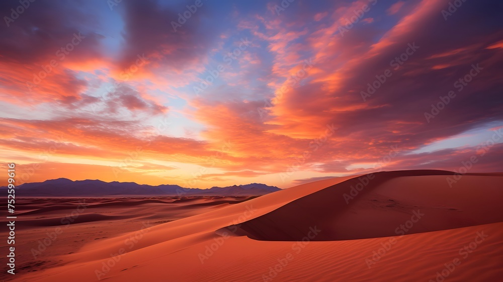 Panoramic view of the sand dunes in the desert at sunset