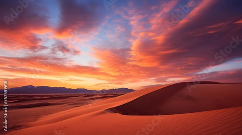 Panoramic view of the sand dunes in the desert at sunset © A