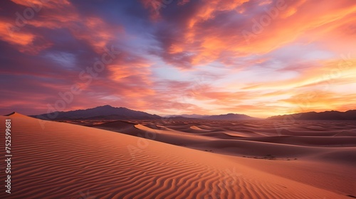 Panoramic view of the sand dunes of the Mesquite Flat Sand Dunes in Death Valley National Park, California.