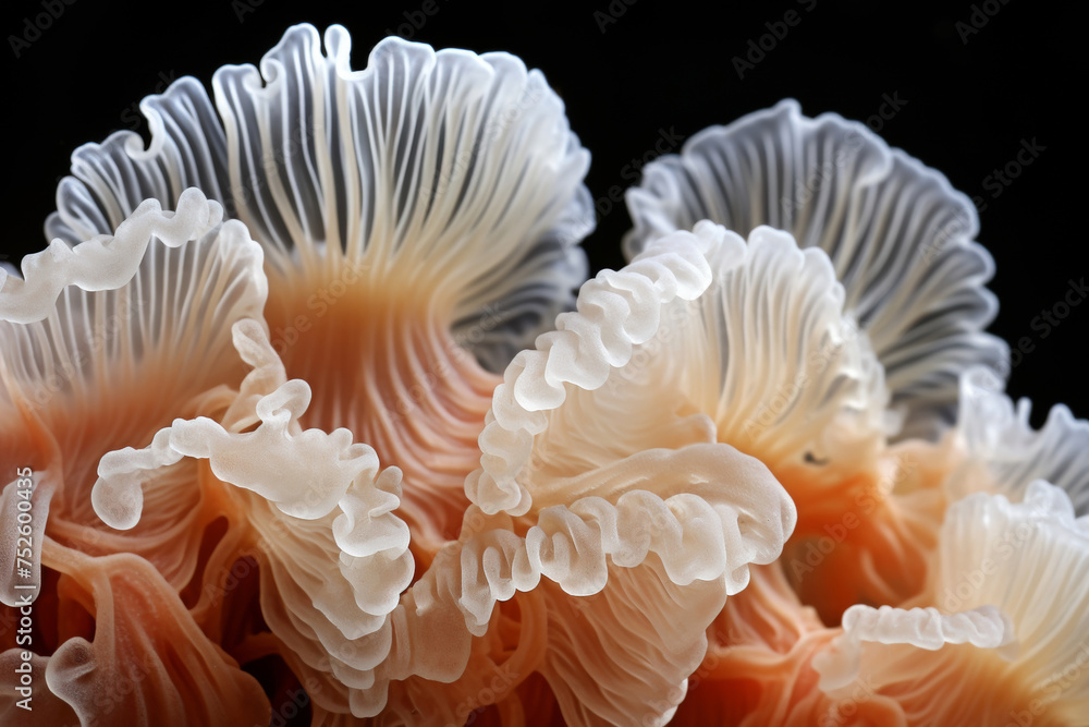 Rare translucent mushroom with intricate folded caps, diverse mushroom species in nature Rare translucent mushroom with intricate folded caps, diverse mushroom species in nature