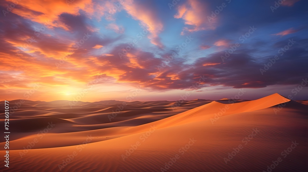 Sunset over sand dunes in the desert. Panorama.