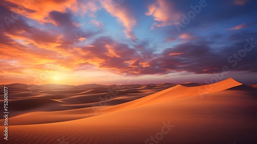 Sunset over sand dunes in the desert. Panorama. © A